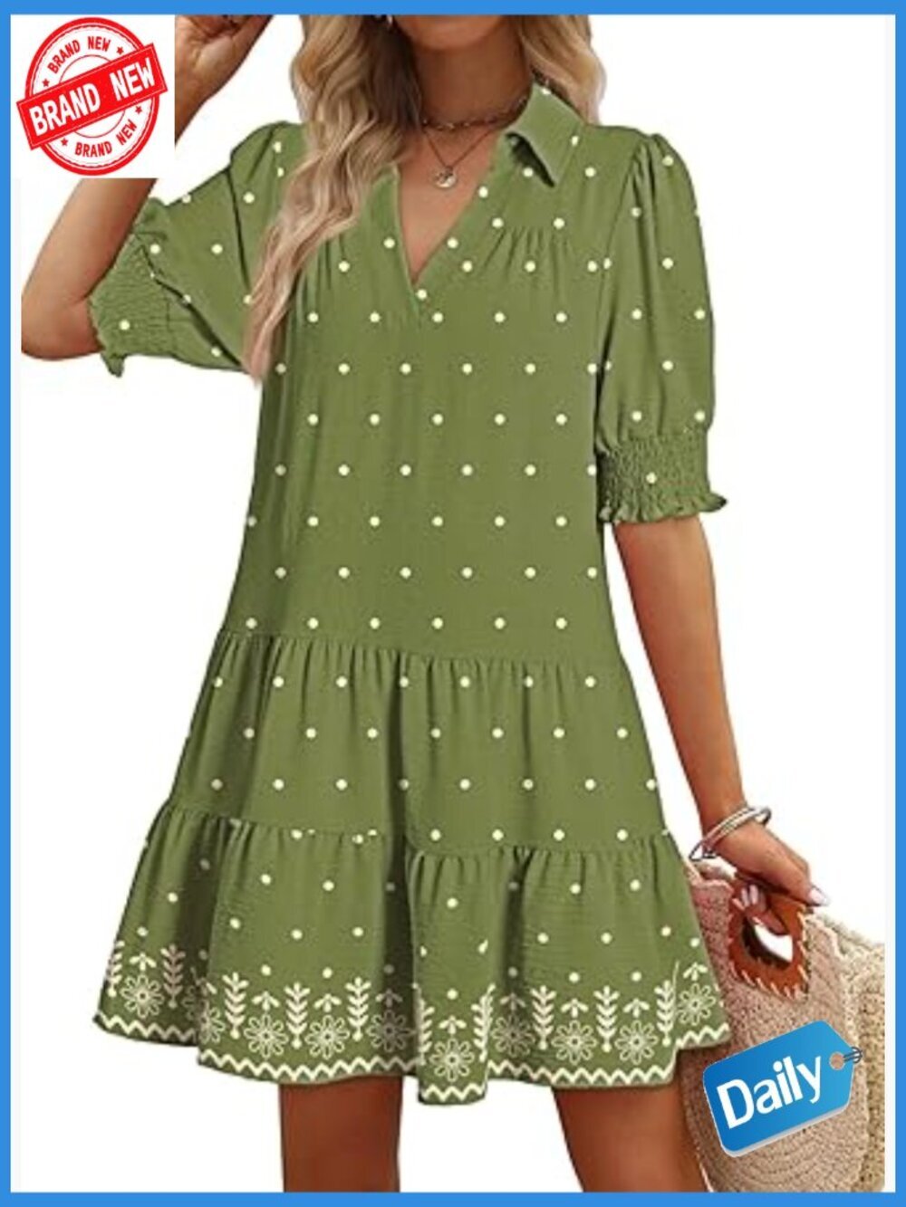 Casual Midi Dress Lapel Collar V Neck Pleated A-Line Short Sleeve